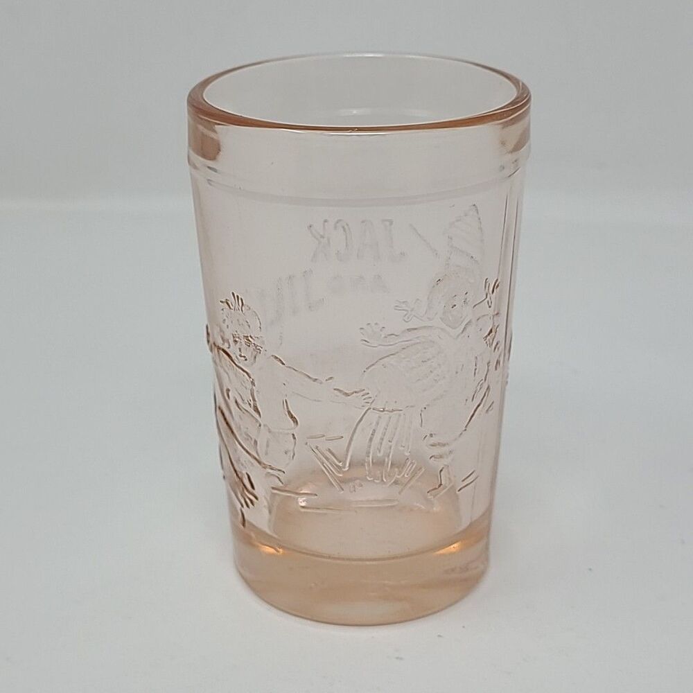 Vintage Tiara Indiana Pink Glass etch Nursery Rhyme Jack and Jill 4" Tumbler Cup